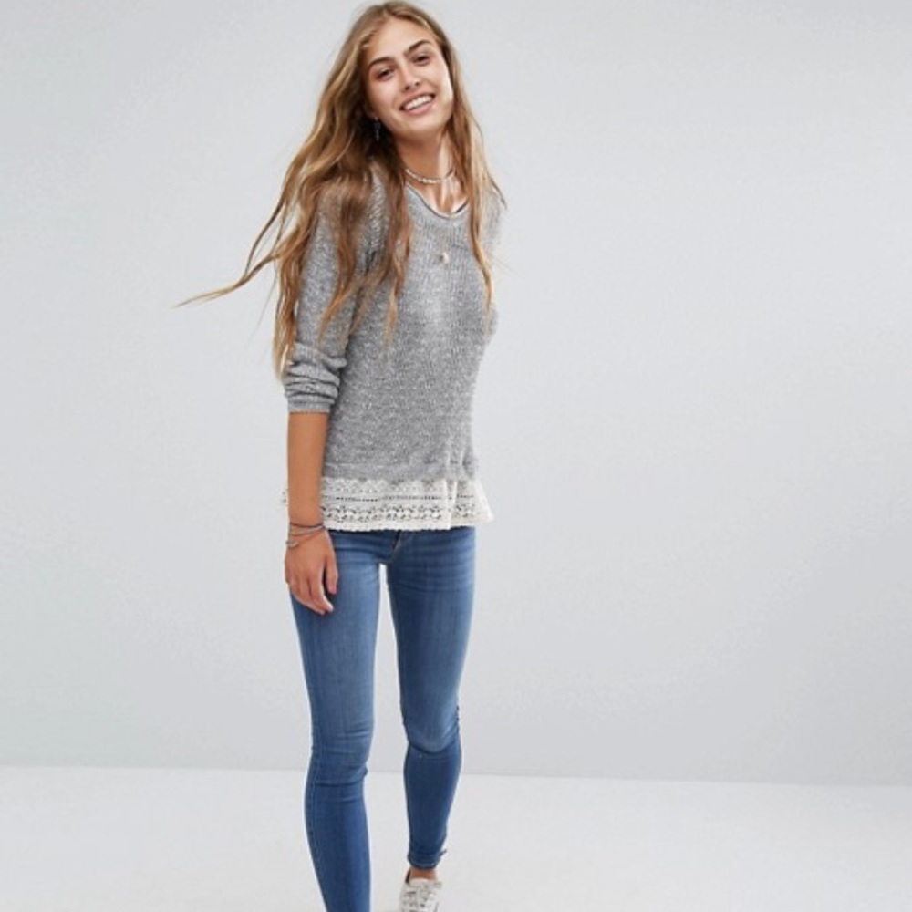 Hollister gray sweater with white lace detail